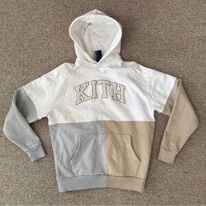 Kith Unisex Hoodie Colorblock College Sweatshirt in White, Gray, Tan